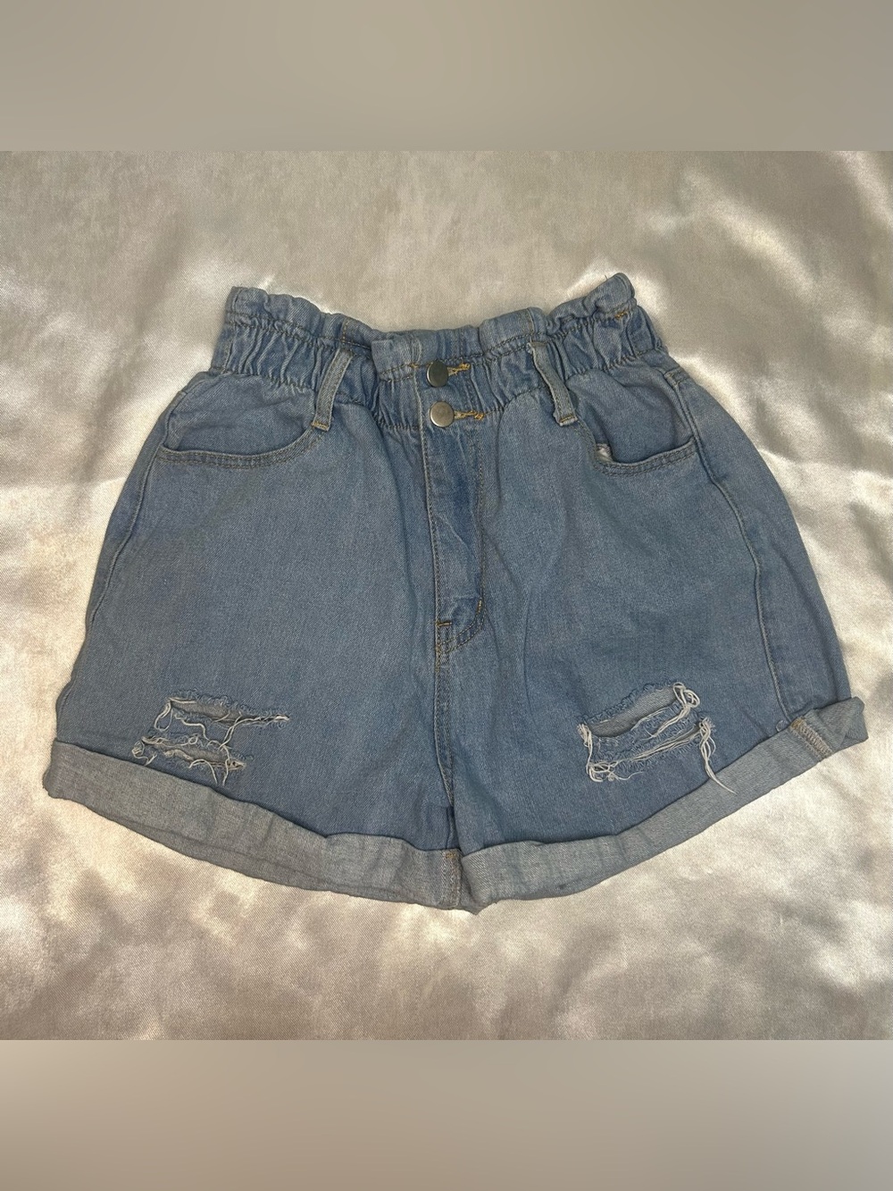High-Rise Distressed Light Blue Denim Shorts